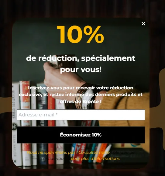Brontë : pop-up d'inscription avec 10 % de réduction