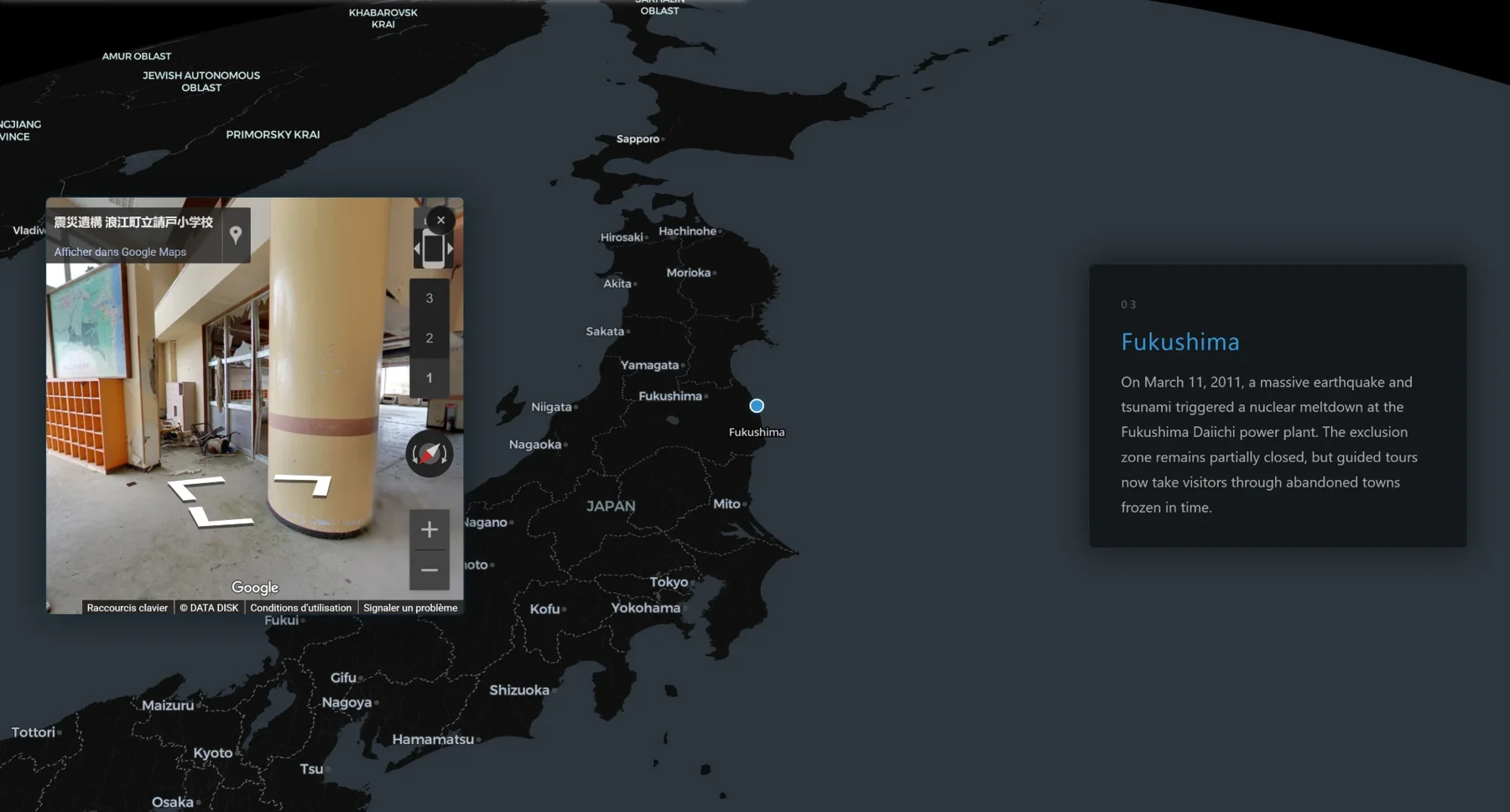 Carte du Japon avec le lieu Fukushima, sa fiche et une vue Street View d'une école abandonnée