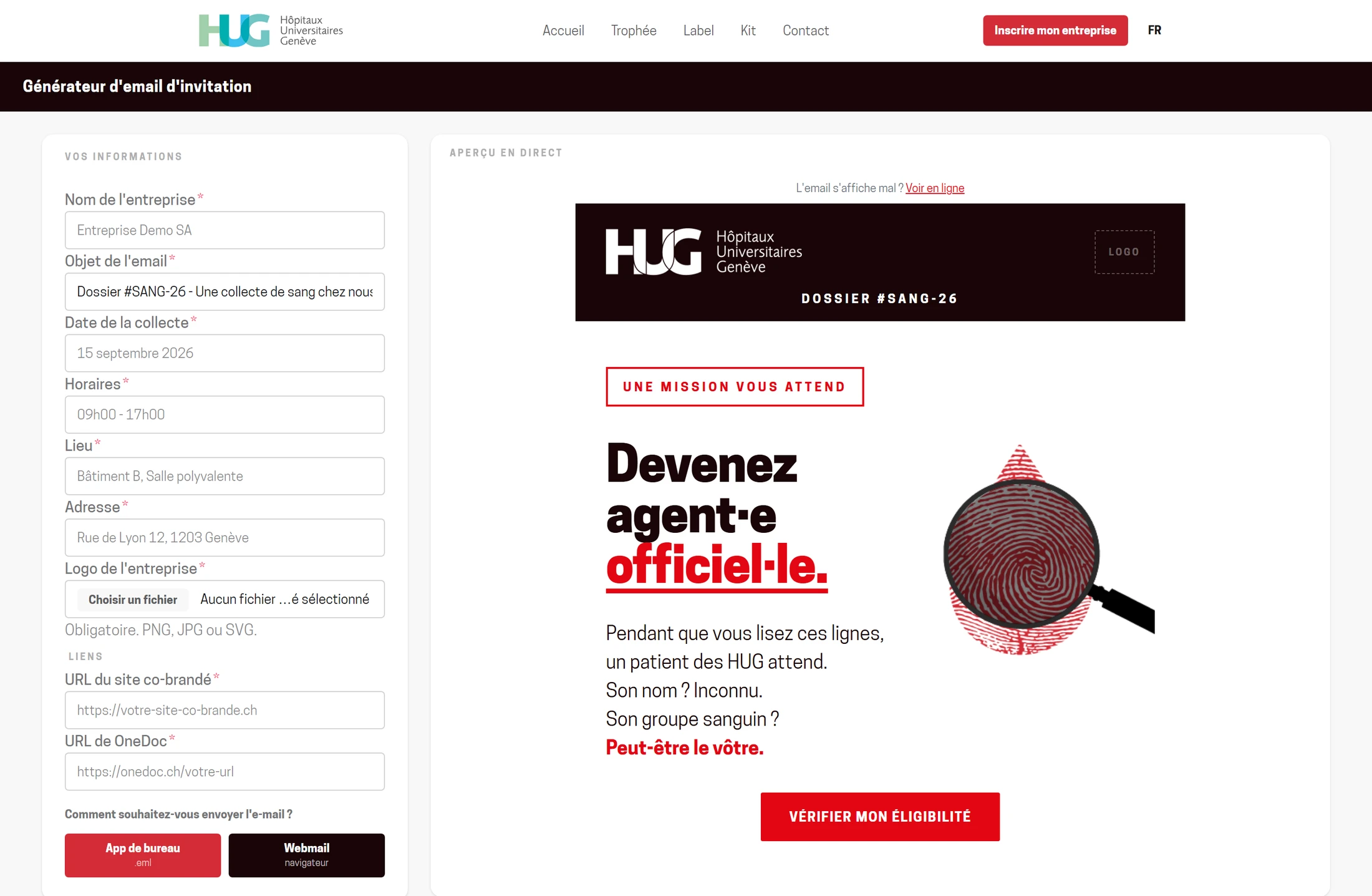 Le générateur d'e-mail sur le site : le formulaire à gauche, l'aperçu en direct de l'e-mail « Devenez agent·e officiel·le » à droite