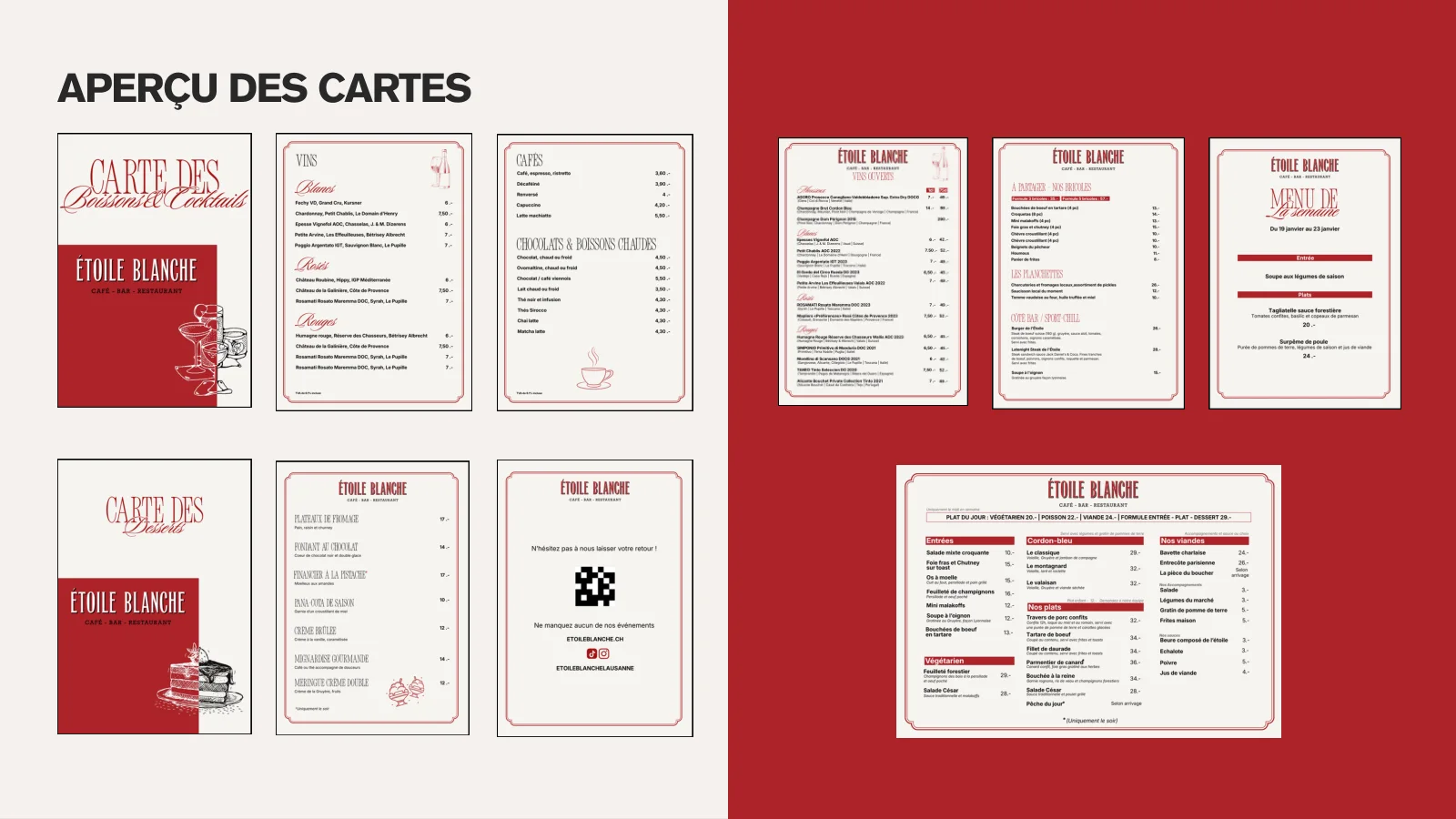 Aperçu des cartes de l'Étoile Blanche : boissons, desserts, vins, à partager, menus