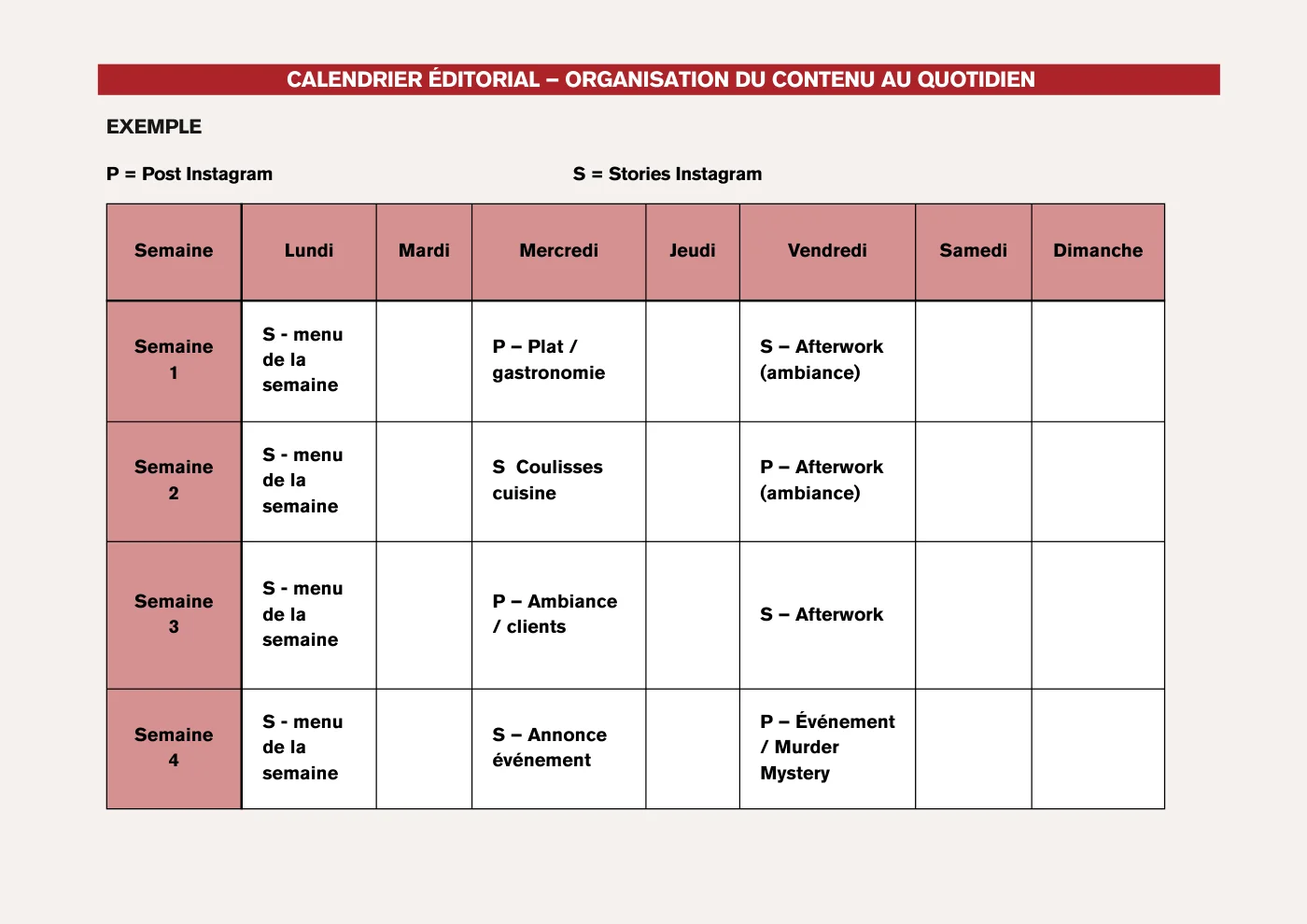 Calendrier éditorial : quatre semaines de posts et de stories, du menu de la semaine à la Murder Mystery Party