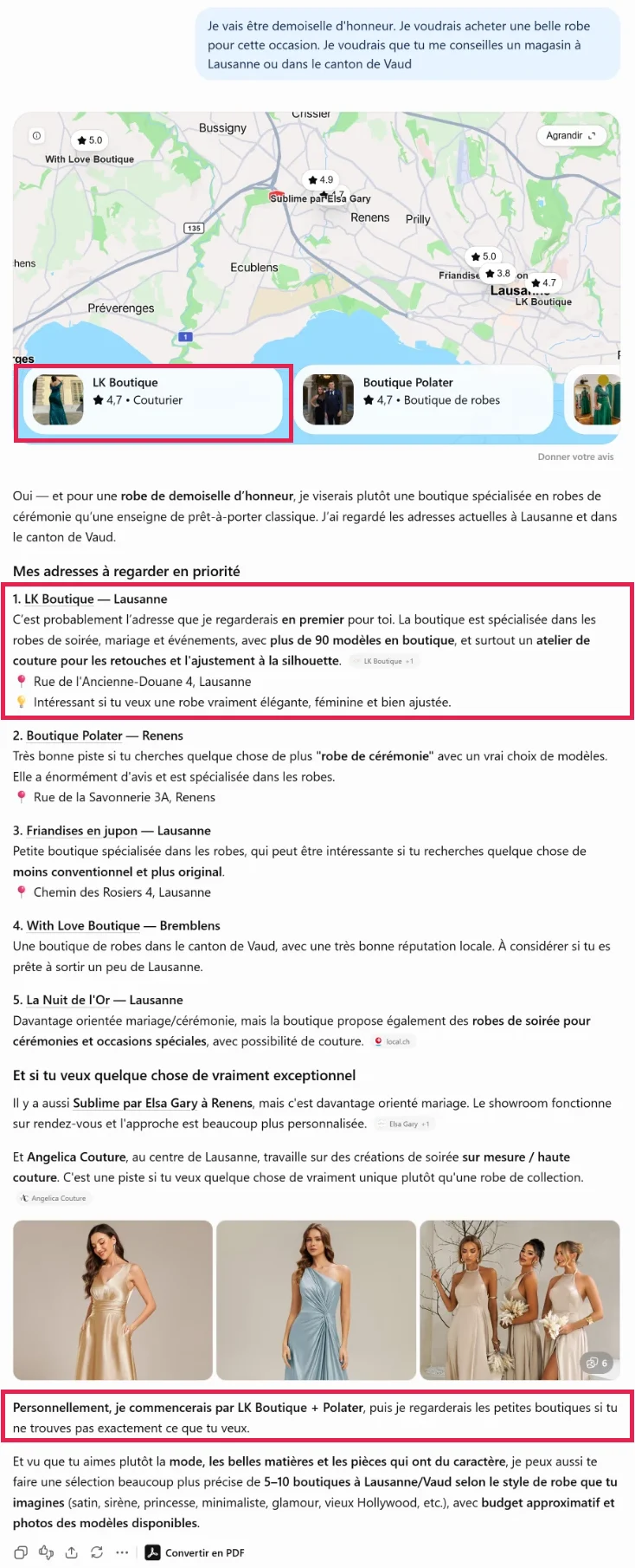 Réponse de ChatGPT : LK Boutique citée en premier parmi les boutiques conseillées