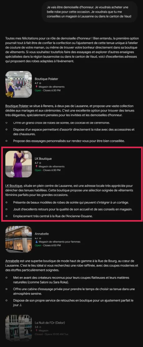 Réponse de Gemini : LK Boutique citée en deuxième, après Boutique Polater