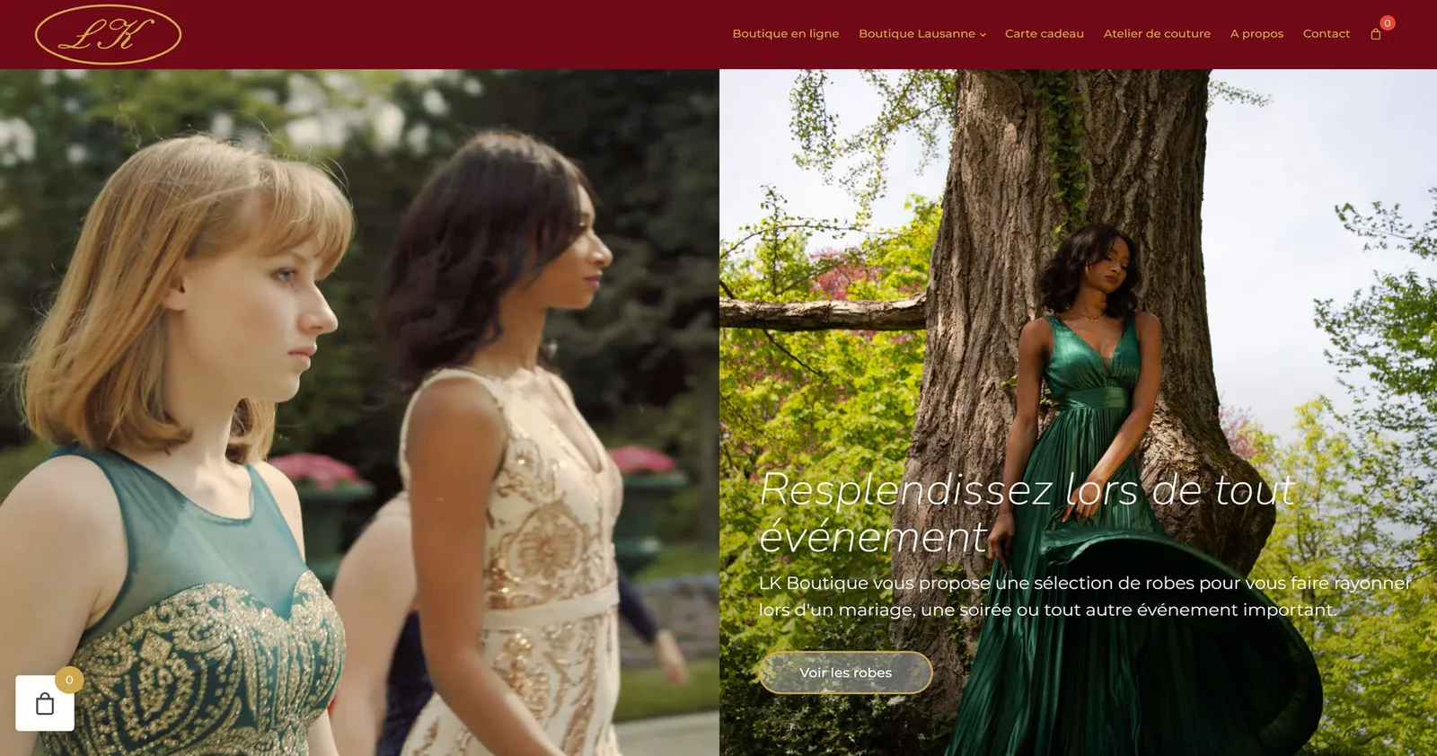 Page d'accueil du site LK Boutique : robes de soirée photographiées dans un parc